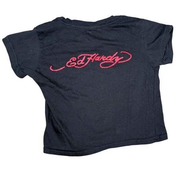 Y2K Ed Hardy Small Skull Flames Crop Top Black‎ Short Sleeve Tee Tattoo Graphic - Picture 5 of 8
